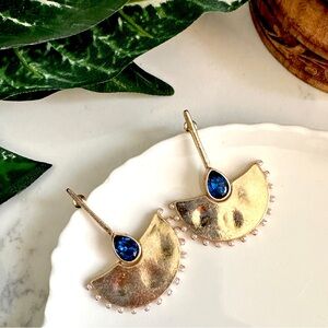 2/$30🌵 Gold Fan Drop Blue Stone Earrings Faux Pearl Crystal Boho Jewelry NEW